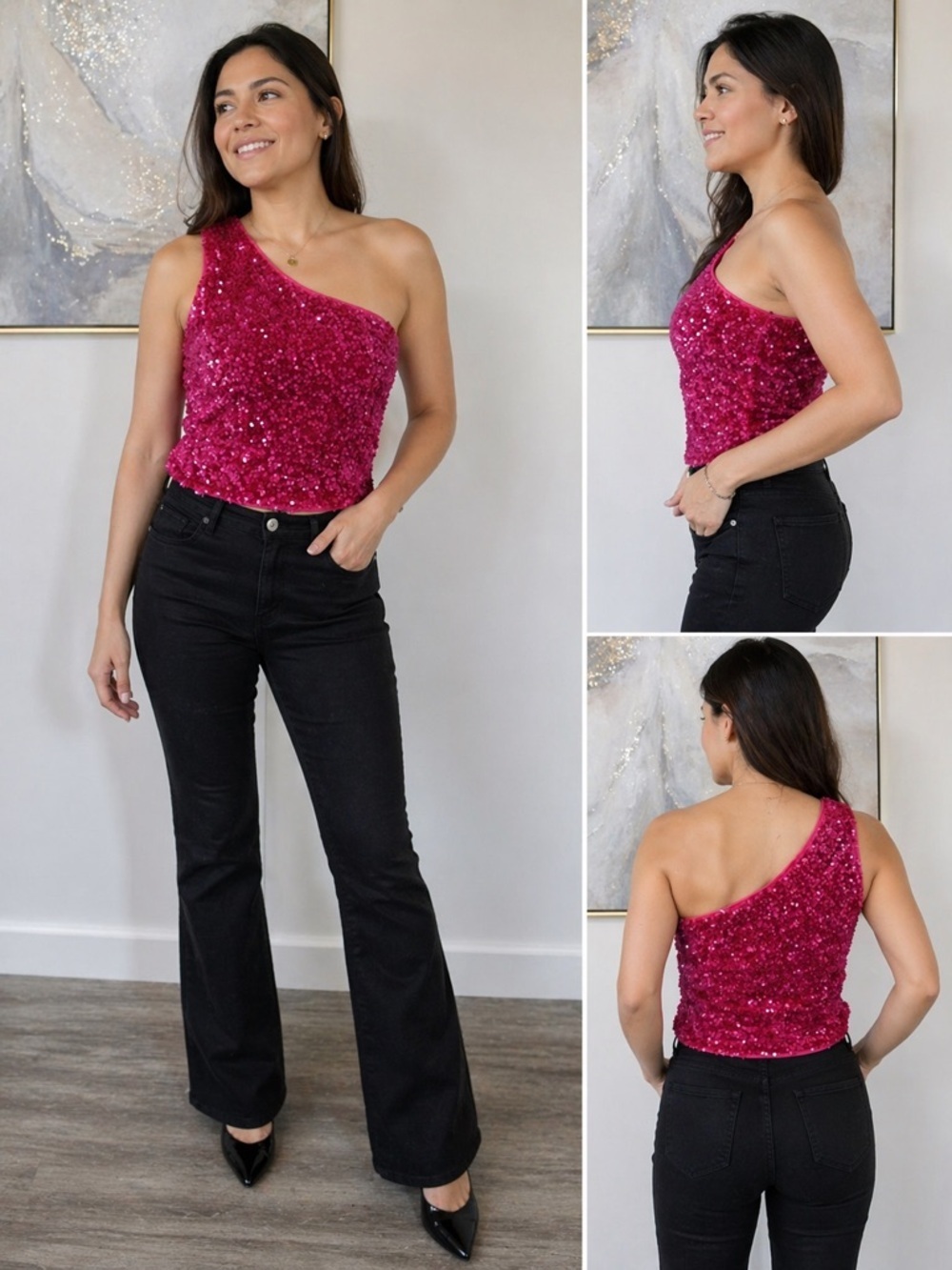 Fashion Nova One-Shoulder Sequin Crop Top in Fuchsia